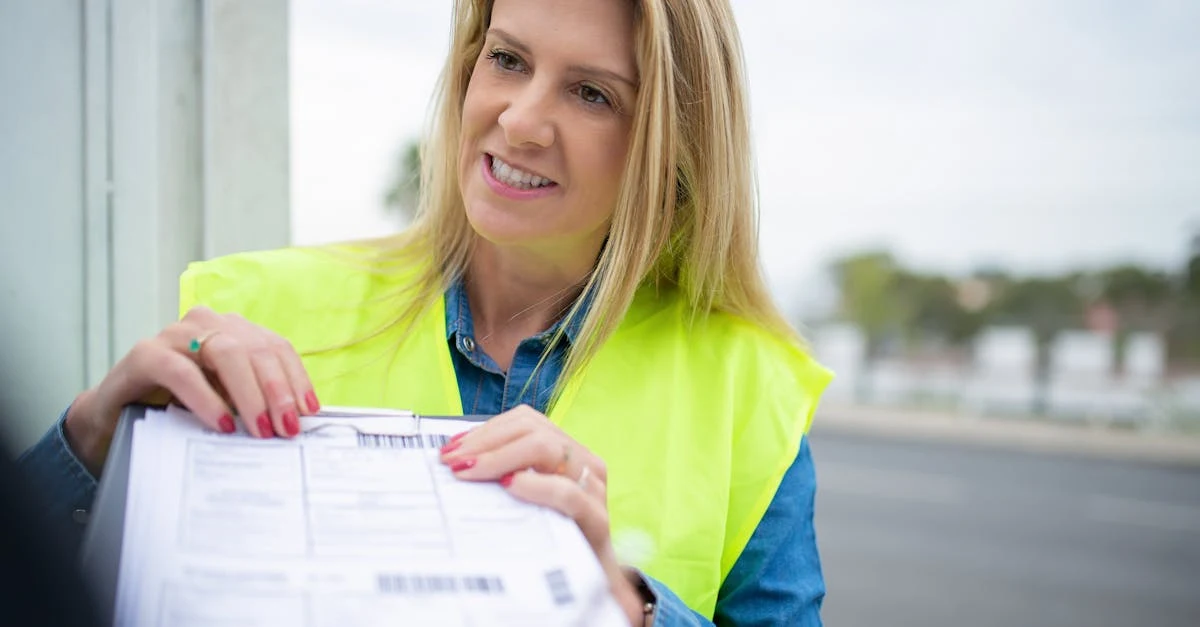 A woman in a yellow safety vest holds and looks at a document with a focused expression. 