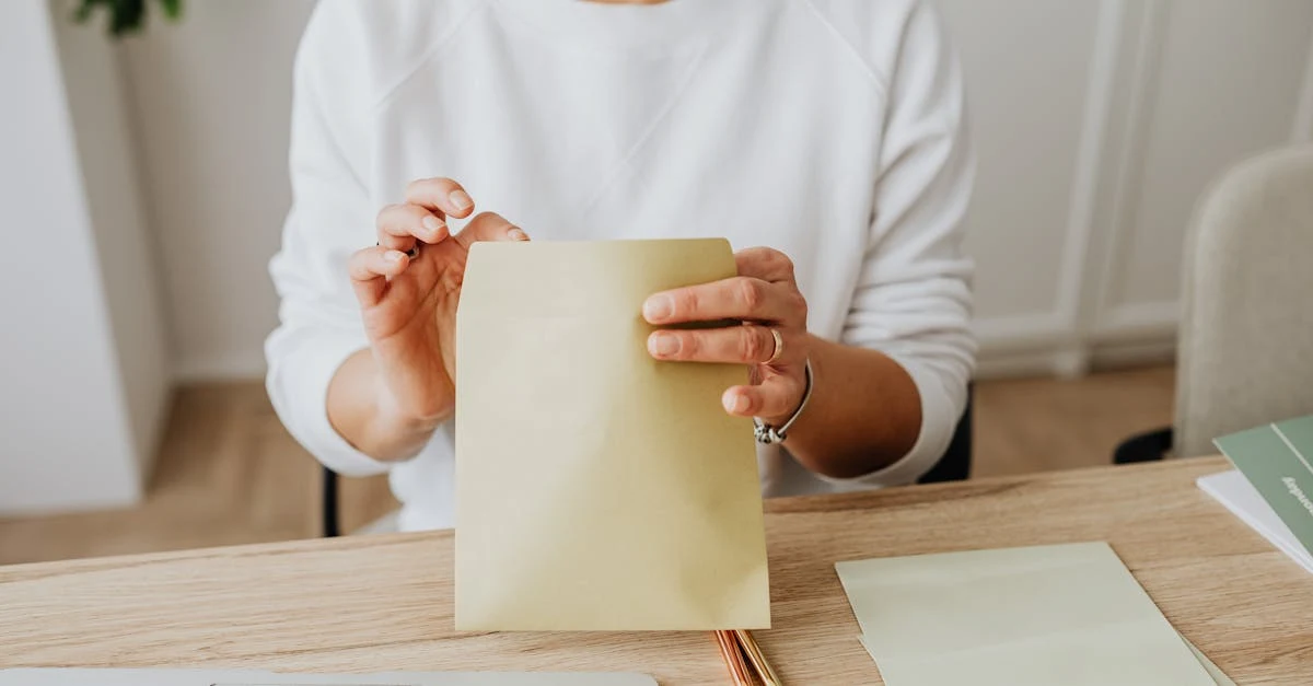 Person holding blank PFAS free certification document at wooden desk with office supplies.