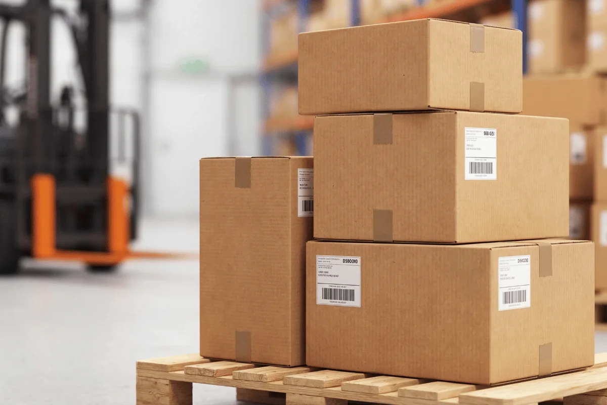 A stack of labeled cardboard boxes on a wooden pallet in a warehouse, with a blurred forklift in the background, conveying a sense of logistics and order.