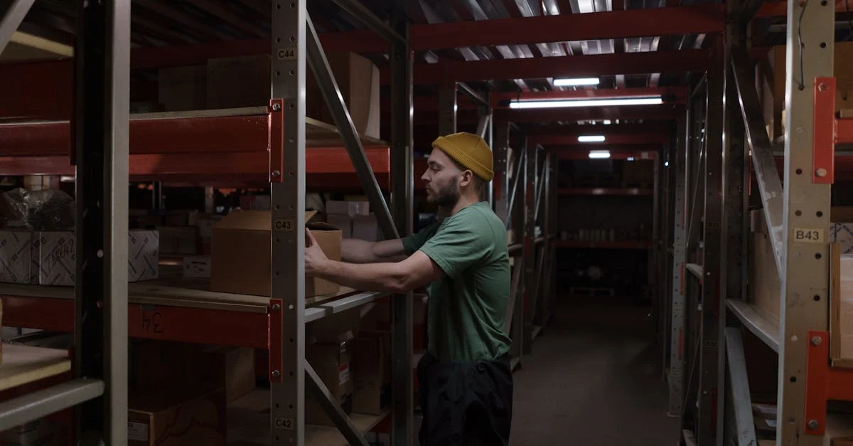 Worker managing inventory management compostable products on warehouse shelves using FIFO system organization method.