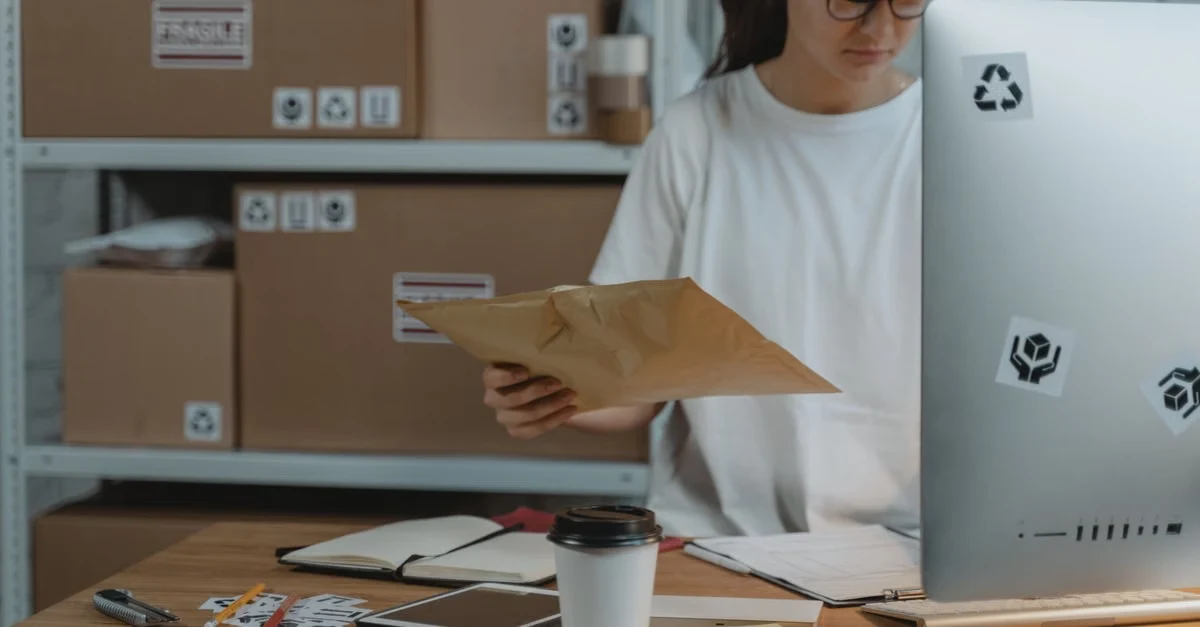 Worker organizing compostable storage requirements with cardboard boxes and recycling labels at desk.
